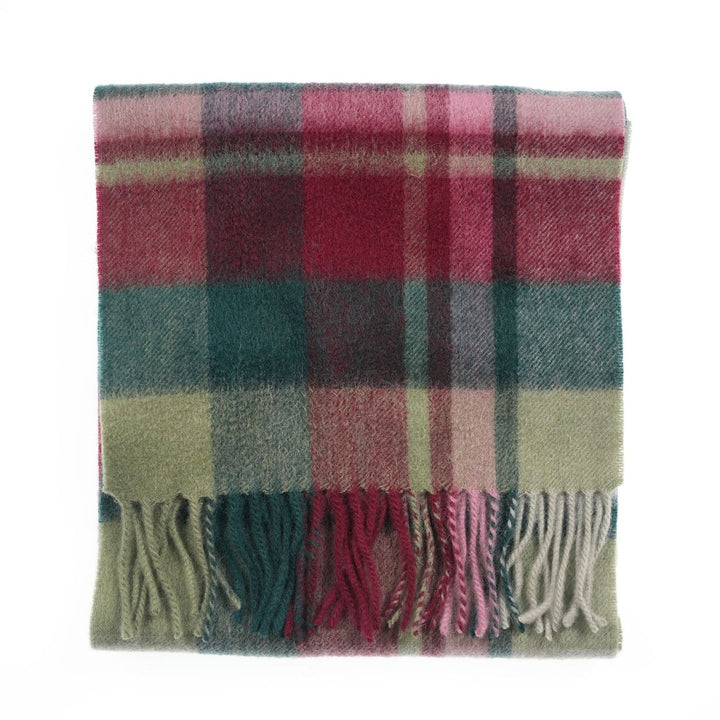 Edinburgh 100% Lambswool Scarf – Premium Soft Wool Wrap - Myriad Check - Khaki/Bordeaux
