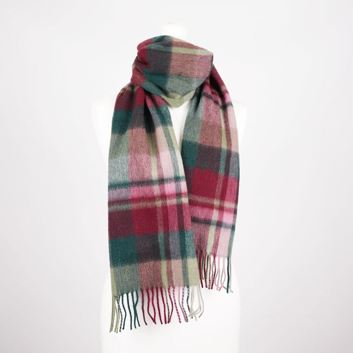 Edinburgh 100% Lambswool Scarf – Premium Soft Wool Wrap - Myriad Check - Khaki/Bordeaux