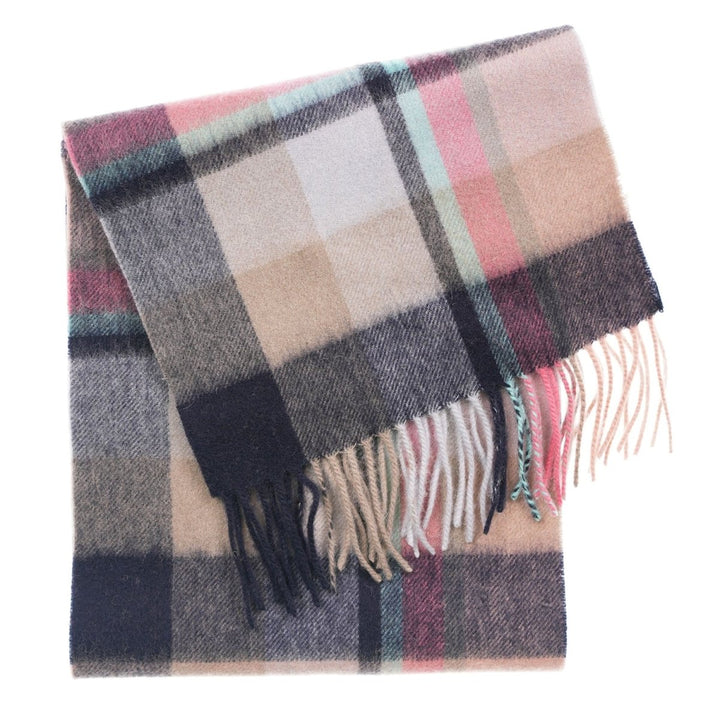 Edinburgh 100% Lambswool Tartan Scarf Myriad Check - Navy/Peony/Aqua