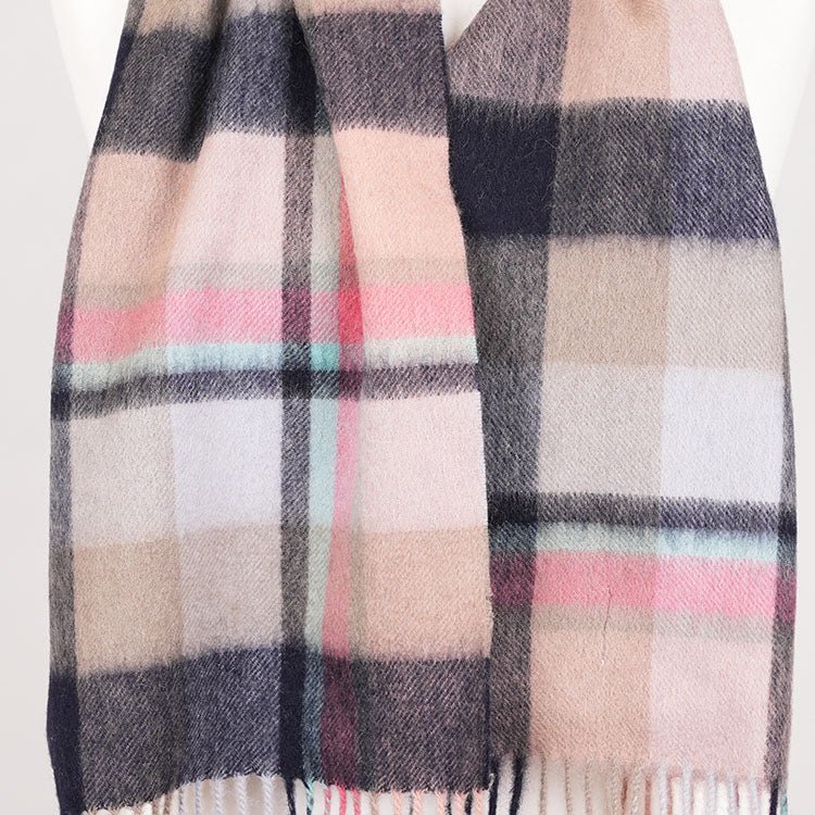 Edinburgh 100% Lambswool Tartan Scarf Myriad Check - Navy/Peony/Aqua