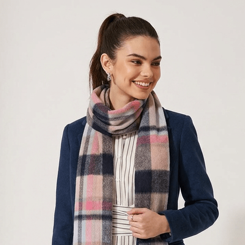 Edinburgh 100% Lambswool Tartan Scarf Myriad Check - Navy/Peony/Aqua