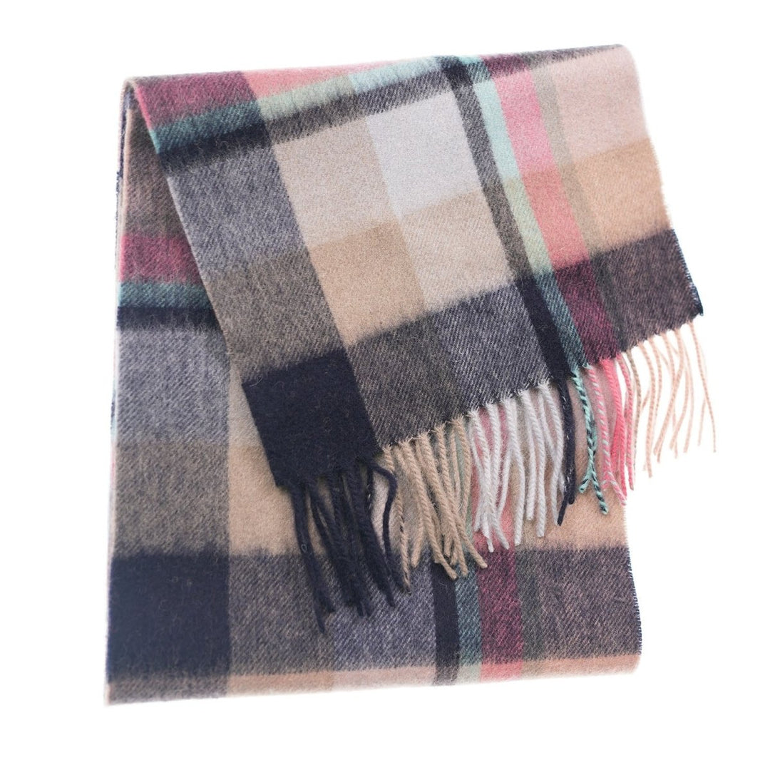 Edinburgh 100% Lambswool Tartan Scarf Myriad Check - Navy/Peony/Aqua