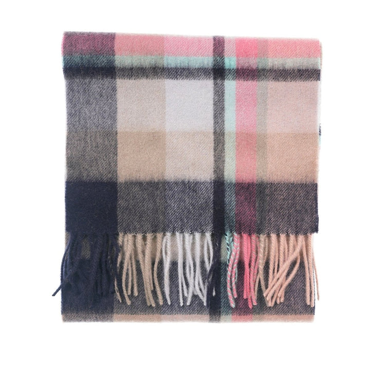 Edinburgh 100% Lambswool Tartan Scarf Myriad Check - Navy/Peony/Aqua