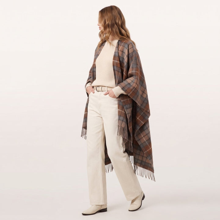 Edinburgh Lambswool Long Tartan Cape - Premium Plaid Wrap - Buchanan Natural