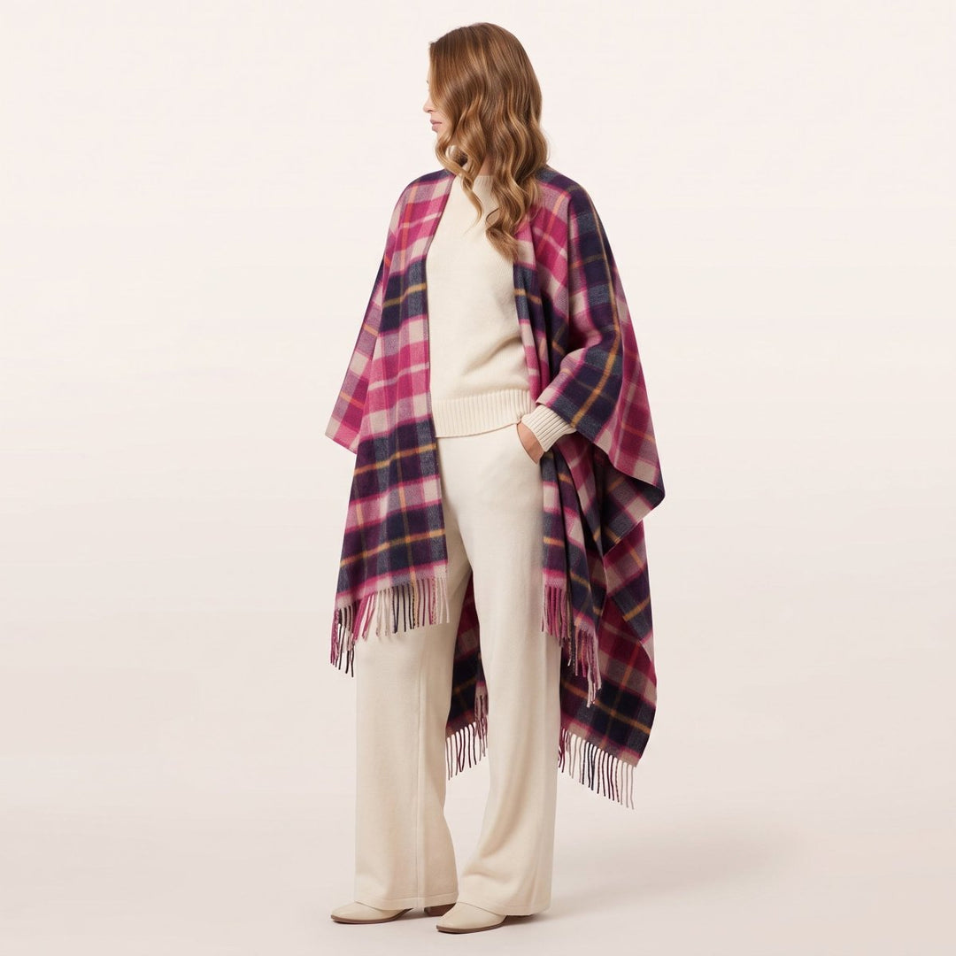Edinburgh Lambswool Long Tartan Cape - Premium Plaid Wrap - Cragg Check Eminence