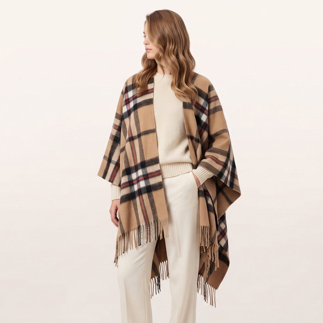 Edinburgh Lambswool Long Tartan Cape - Premium Plaid Wrap - Exploded Thomson Camel
