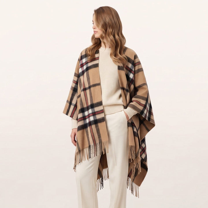 Edinburgh Lambswool Long Tartan Cape - Premium Plaid Wrap - Exploded Thomson Camel