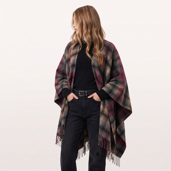 Edinburgh Lambswool Long Tartan Cape - Premium Plaid Wrap - Graded Block Check - Dress Black