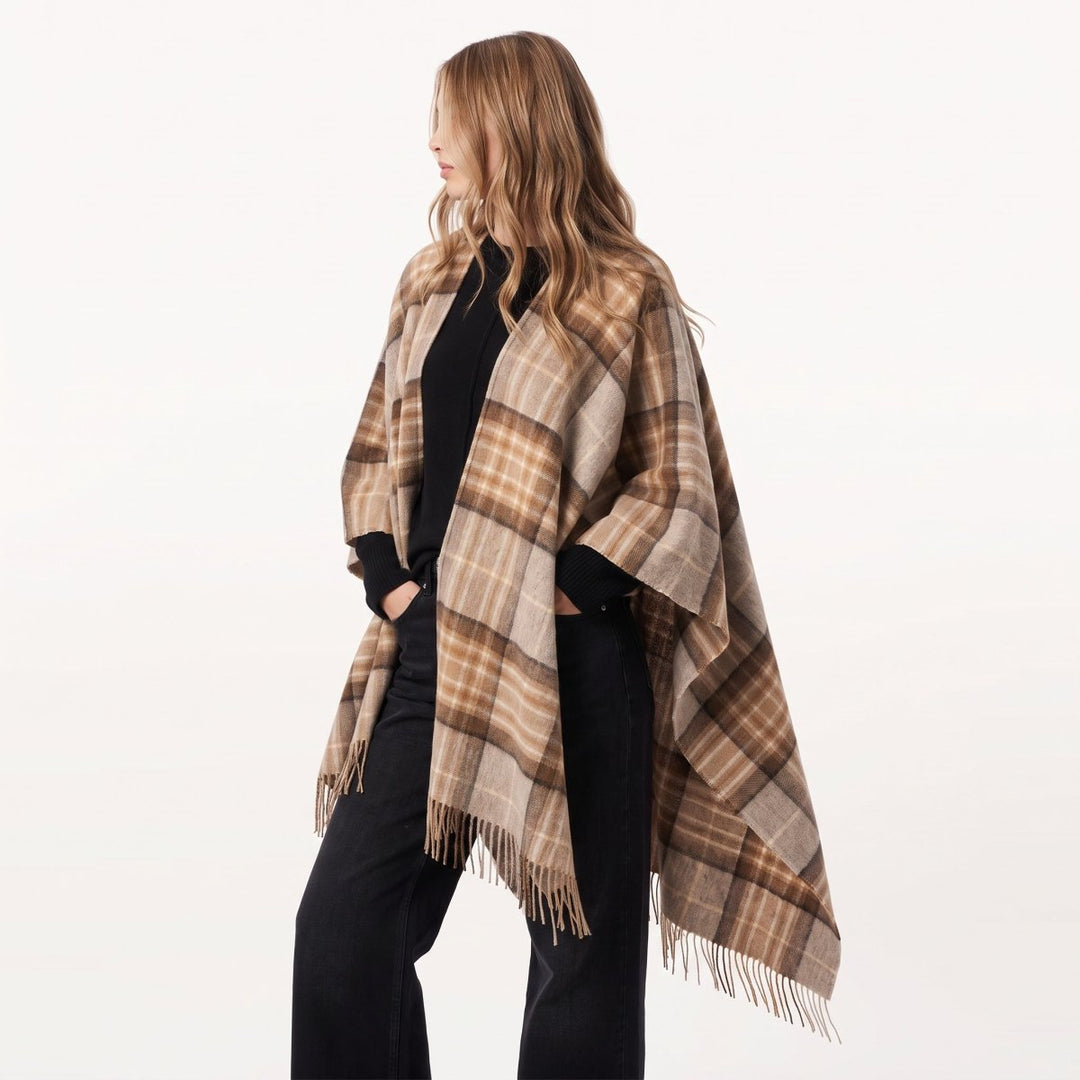Edinburgh Lambswool Long Tartan Cape - Premium Plaid Wrap - Mackellar Natural