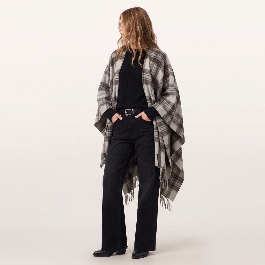 Edinburgh Lambswool Long Tartan Cape - Premium Plaid Wrap - Royal Stewart Vintage Duck Egg