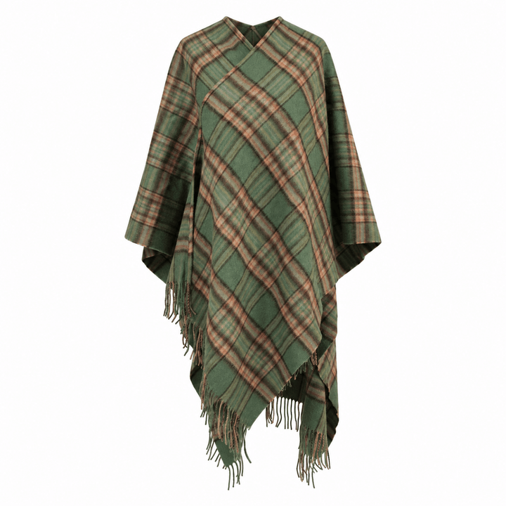 Edinburgh Lambswool Long Tartan Cape - Premium Plaid Wrap - Royal Stewart Vintage Green