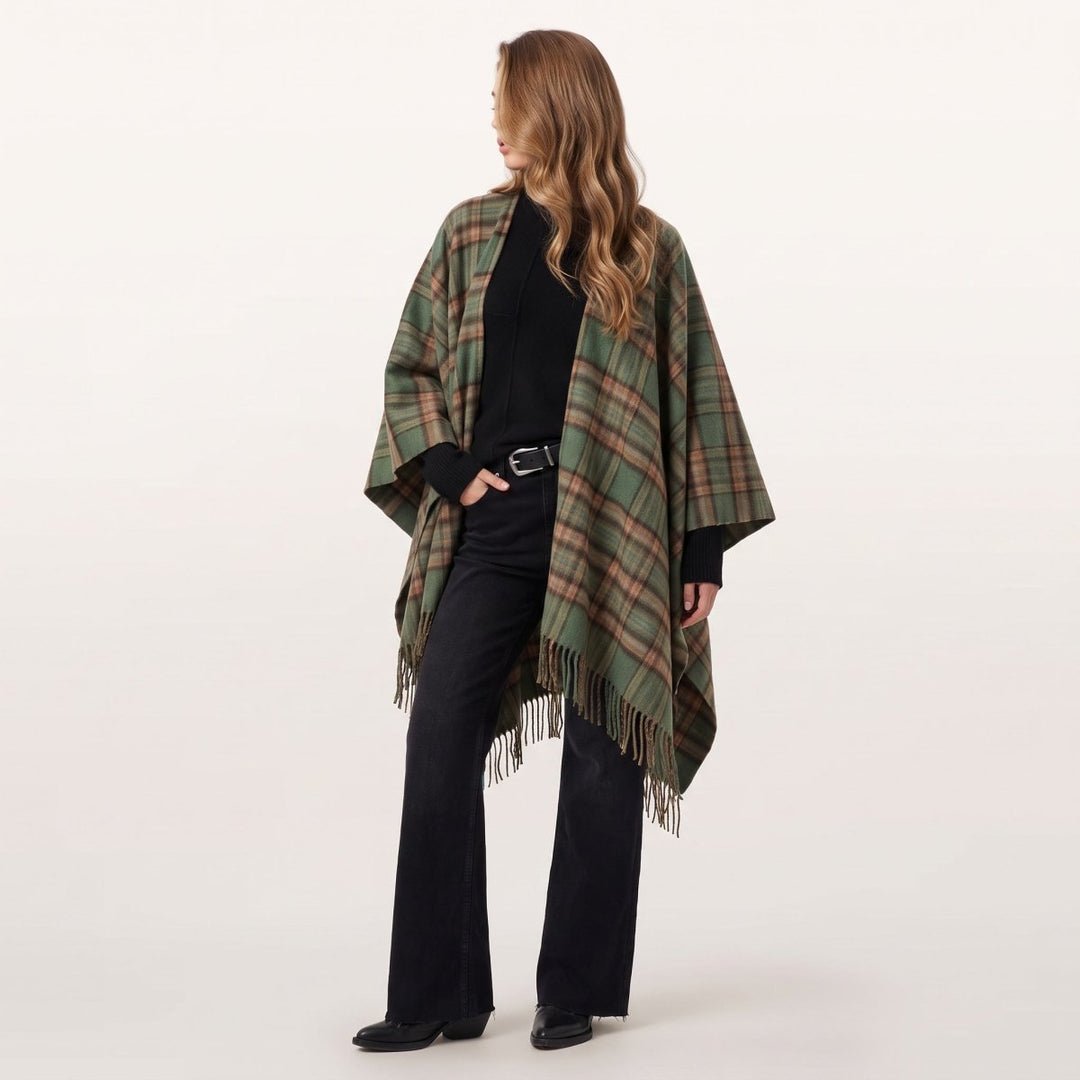 Edinburgh Lambswool Long Tartan Cape - Premium Plaid Wrap - Royal Stewart Vintage Green