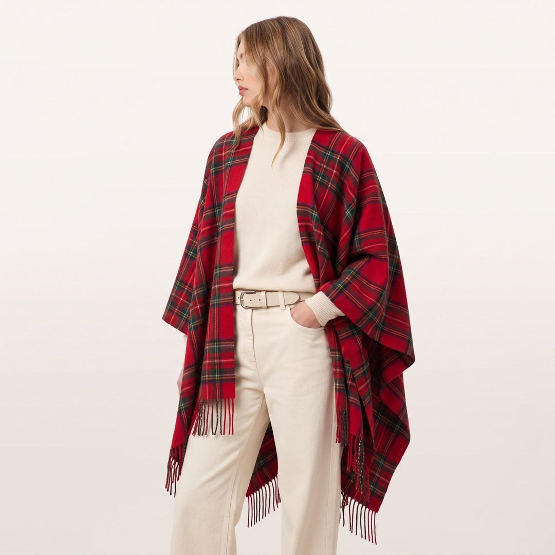 Edinburgh Lambswool Long Tartan Cape - Premium Plaid Wrap - Stewart Royal