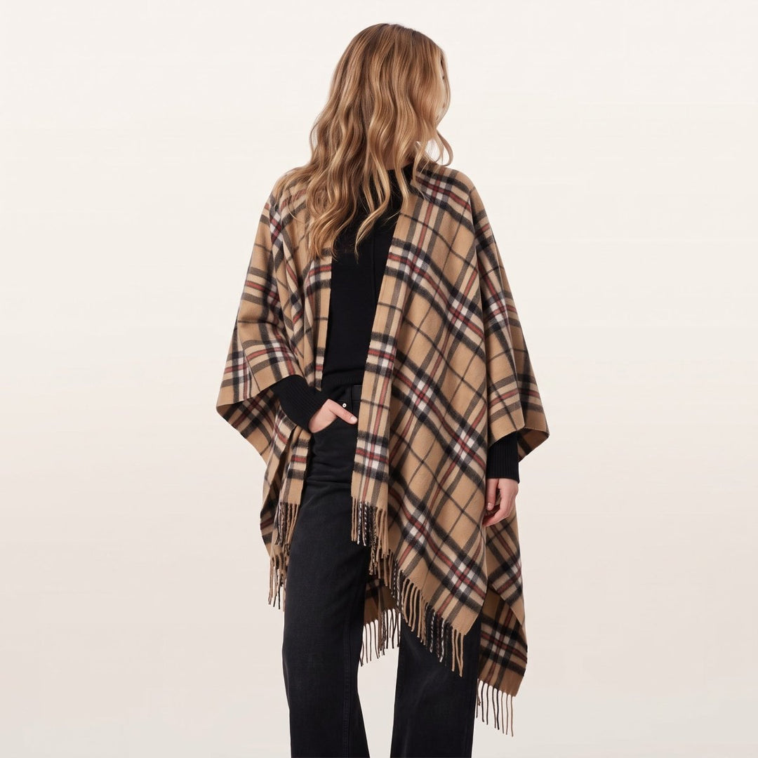 Edinburgh Lambswool Long Tartan Cape - Premium Plaid Wrap - Thomson Camel