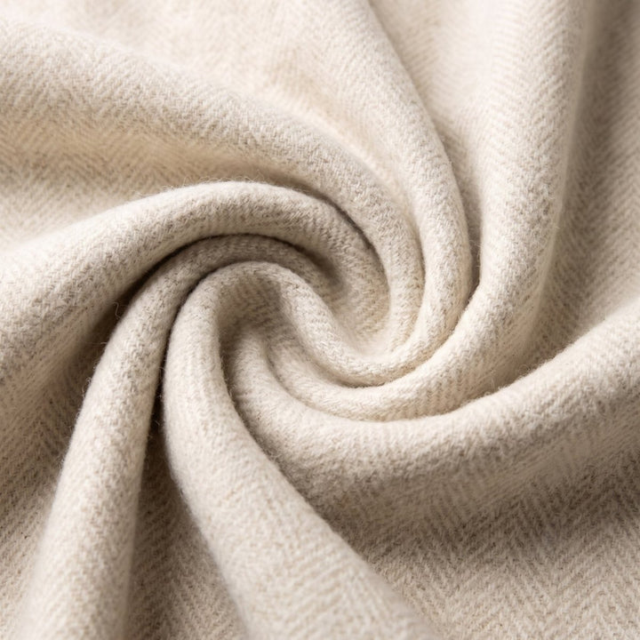 Recycled Wool Herringbone Blanket with Fringe - Soft Warm Throw - SAND BEIGE/NATURAL