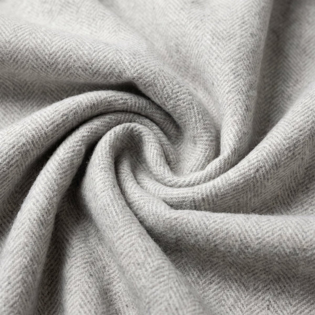 Recycled Wool Herringbone Blanket with Fringe - Soft Warm Throw - OYSTER GREY