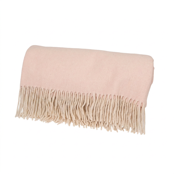 Highland Herringbone Wool Blend Throw Blanket with Tasselled Fringe - SOFT PINK