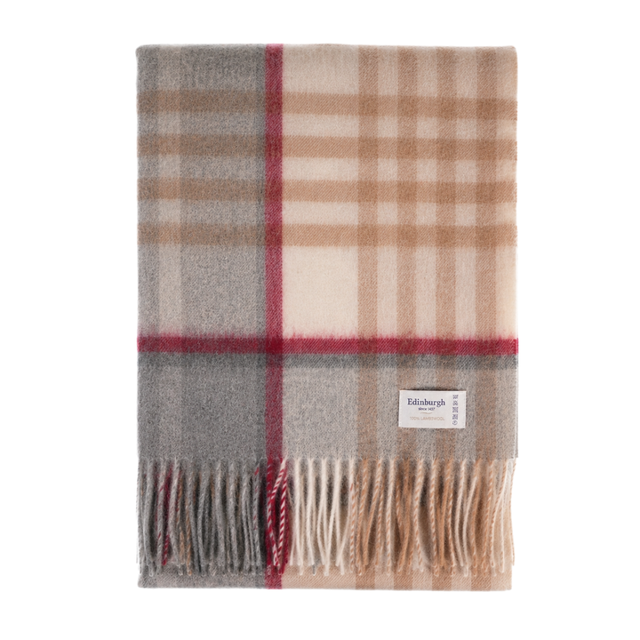 100% Pure Lambswool Blanket Throw – Luxury Soft Warm Wool Blanket - Home Décor - CHEQUER TARTAN CAMEL AND GREY