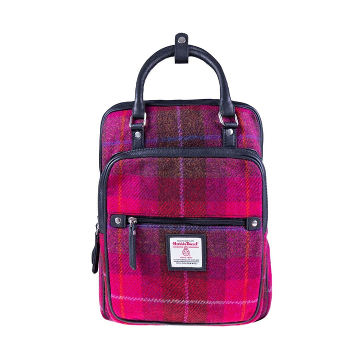 Harris Tweed Leather Large Backpack Cerise Check / Black