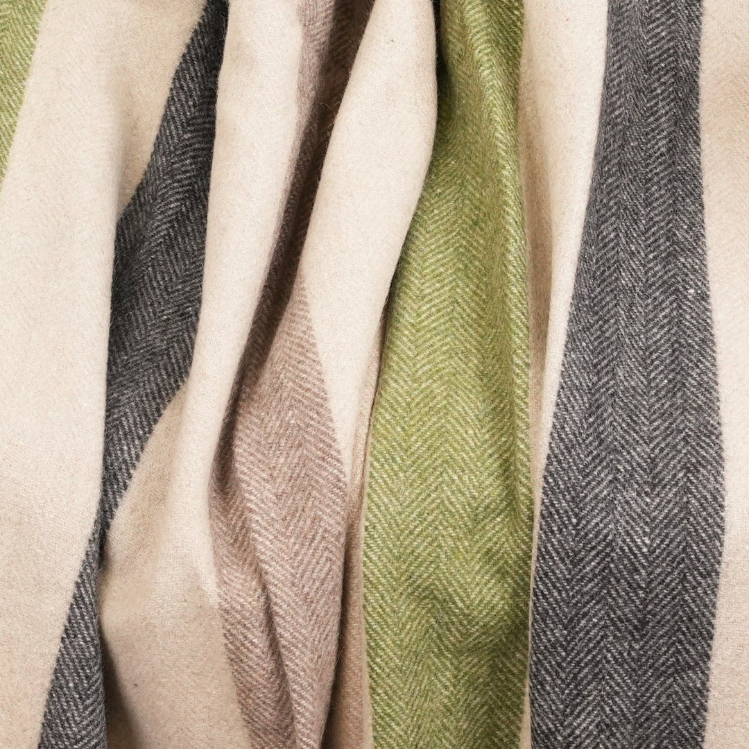 Stripe Herringbone Wool Blanket - Natural Green