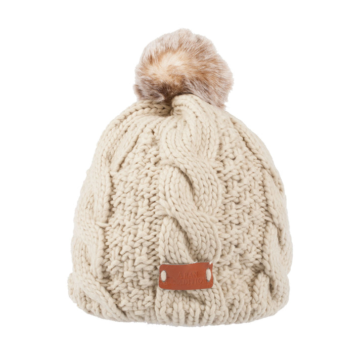 Aran Tradition Knitted Oatmeal Tammy Hat With Pom Pom