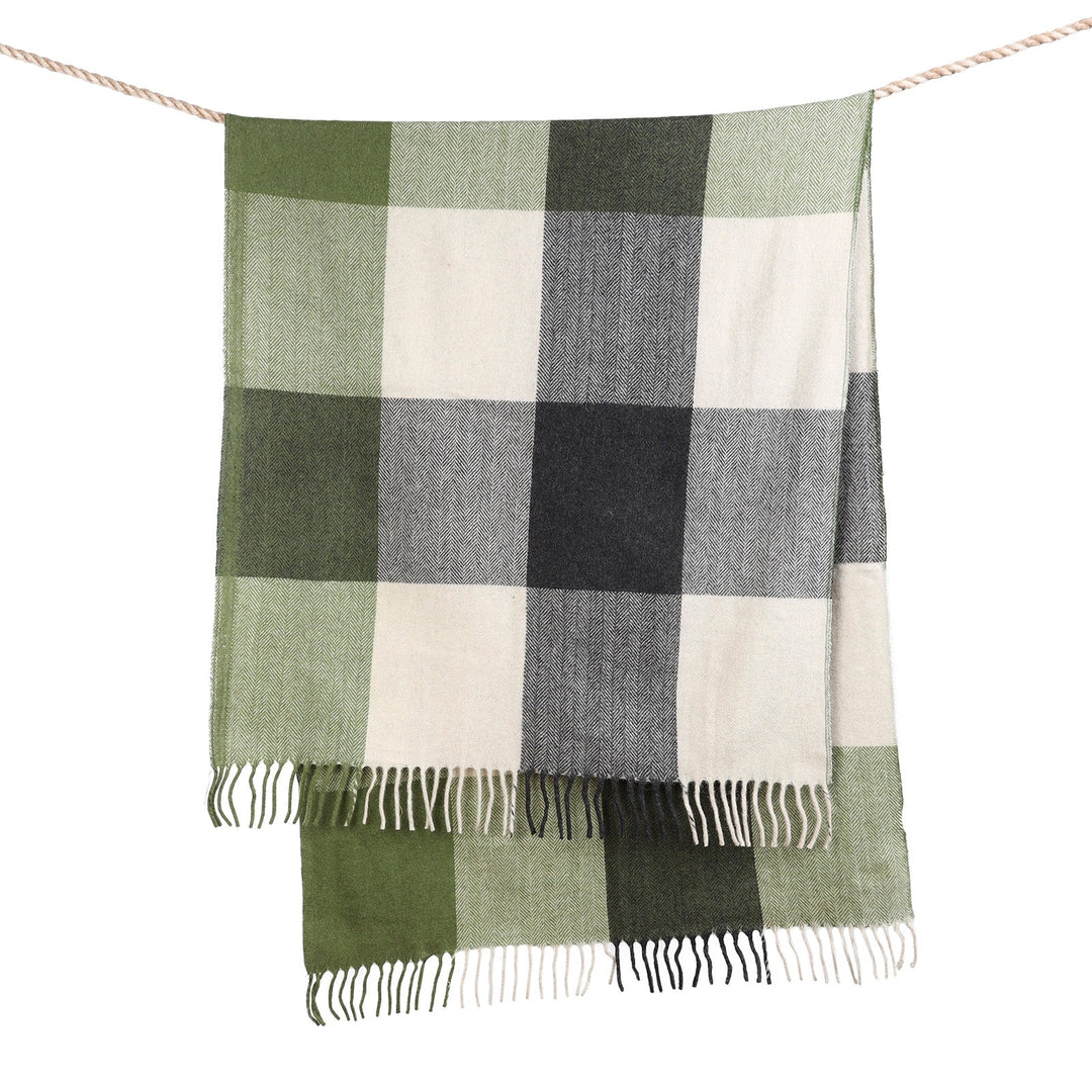 Block Check Herringbone Knee Blanket Natural Green Dunedin Cashmere