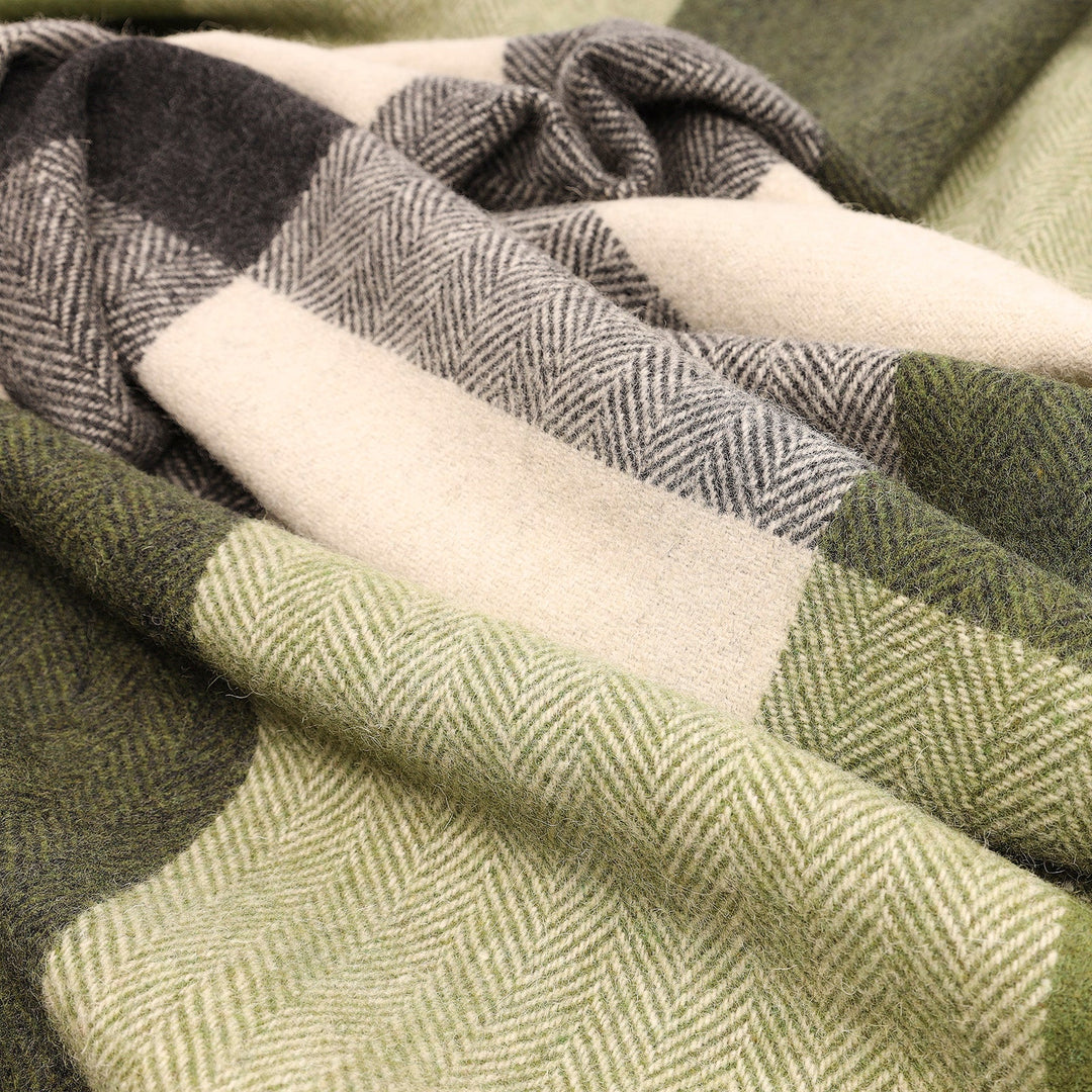 Block Check Herringbone Knee Blanket Natural Green Dunedin Cashmere