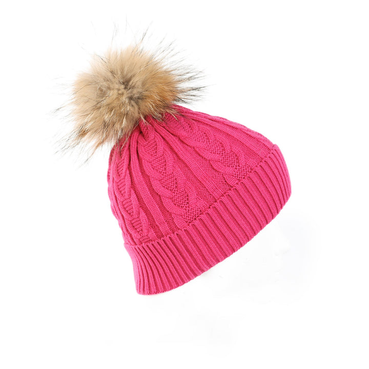 Cable Pom Hat Ft Raspberry/Natural - Dunedin Cashmere