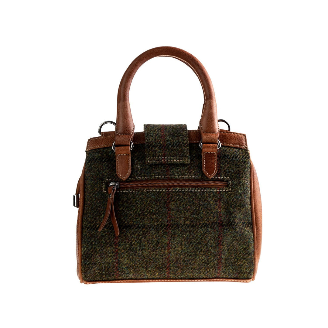 Ht Leather Hand Bag With Flap Closer Dark Green Check / Tan - Dunedin Cashmere