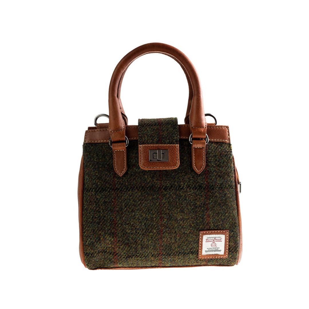 Ht Leather Hand Bag With Flap Closer Dark Green Check / Tan - Dunedin Cashmere