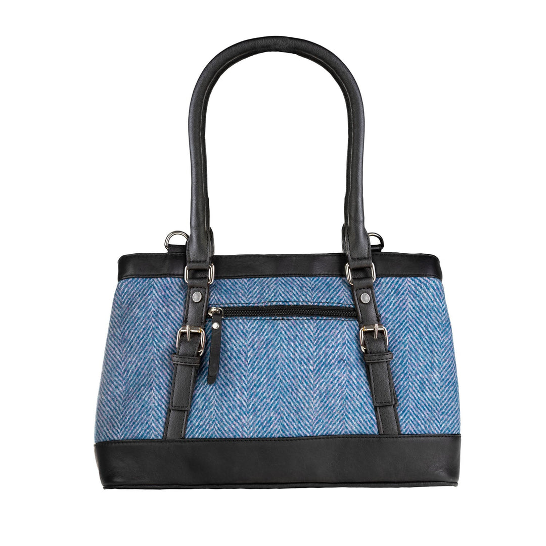 Ladies Ht Leather Hand Bag Blue & Pink Herringbone / Black - Dunedin Cashmere