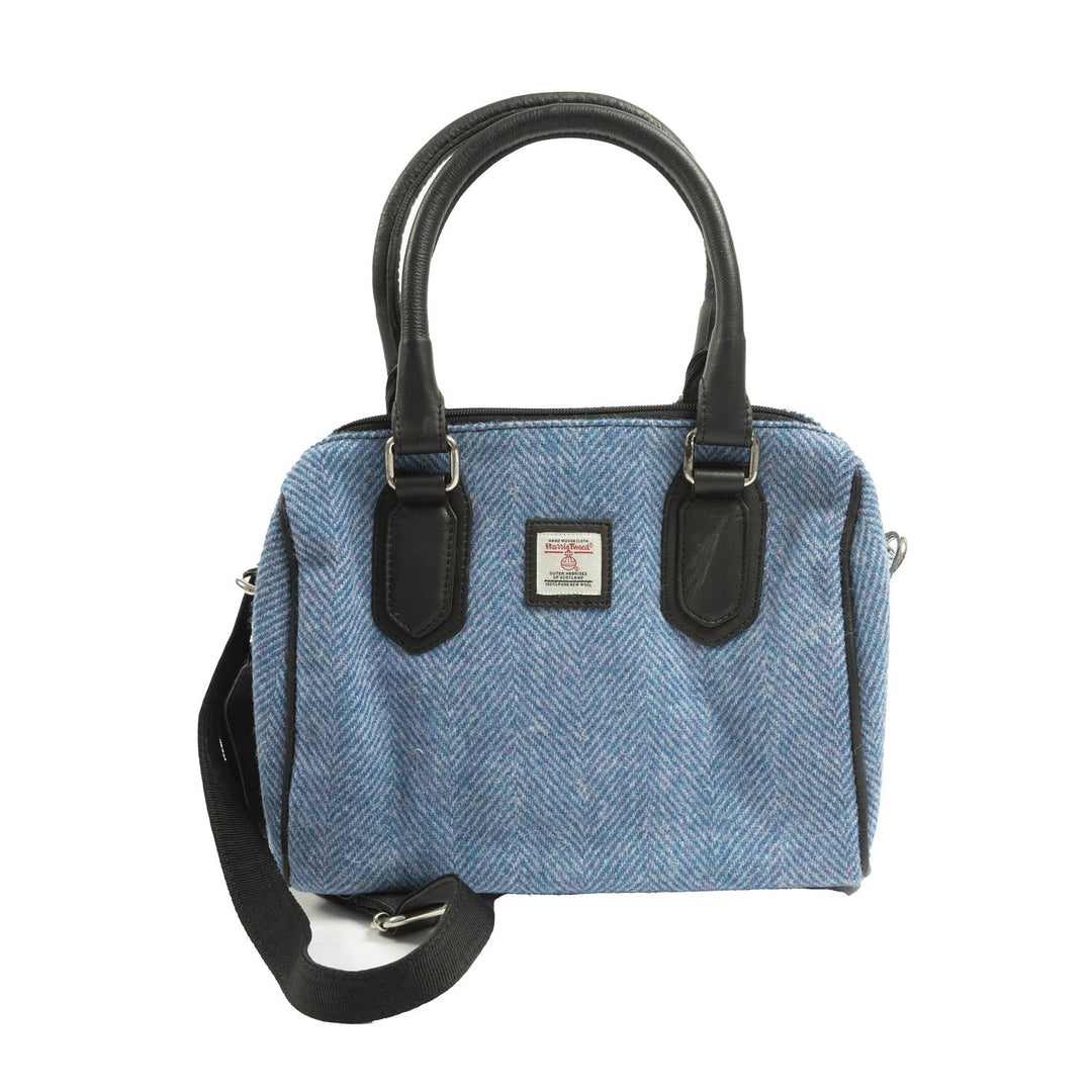 Ladies Ht Leather Small Handbag Blue & Pink Herringbone / Black - Dunedin Cashmere