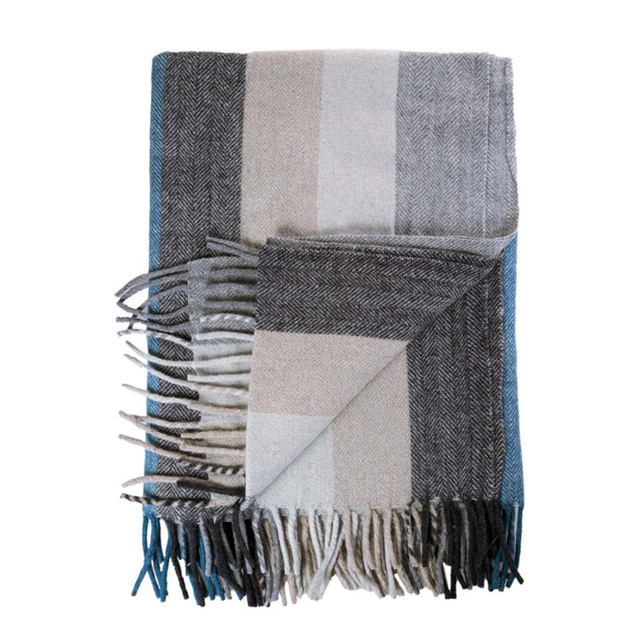 Stripe Herringbone Blanket Natural Teal - Dunedin Cashmere